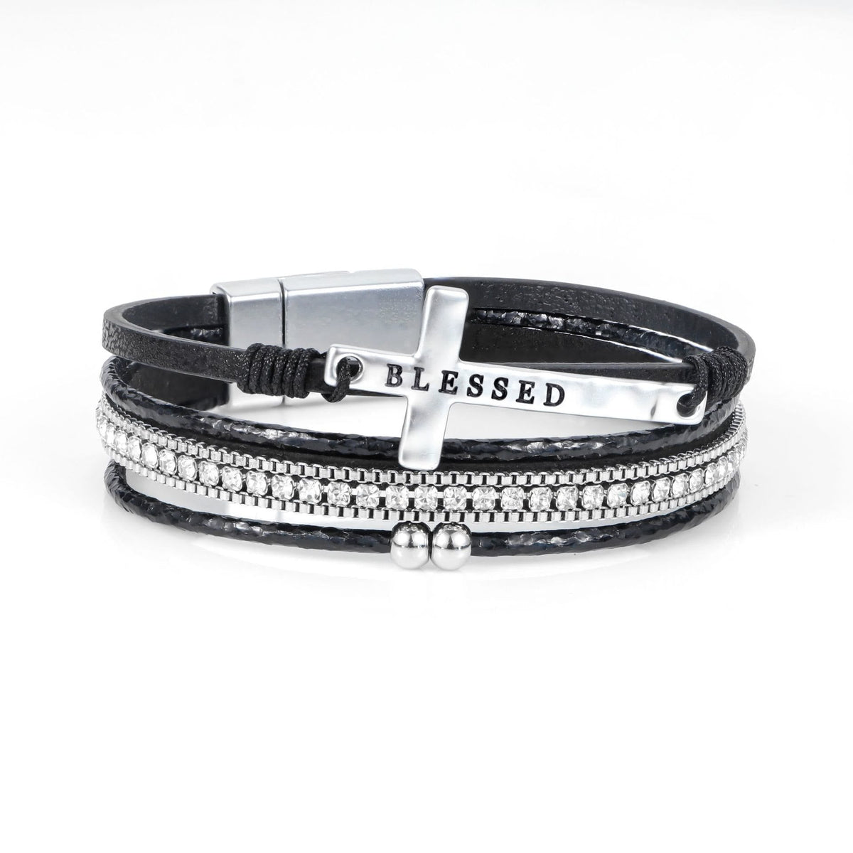 Multi-Layer BLESSED Cross Leather Bracelet with Zircon: A Symbol of Divine Grace & Spiritual Joy