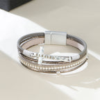 Multi-Layer BLESSED Cross Leather Bracelet with Zircon: A Symbol of Divine Grace & Spiritual Joy