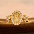 Golden Our Lady Ring with Dual Floral Accents & Zircon Halo