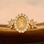 Golden Our Lady Ring with Dual Floral Accents & Zircon Halo