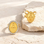 Our Lady Miraculous Medal CZ Halo Open Adjustable Faith Ring