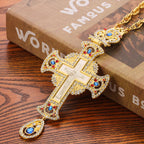 Gem-Adorned Ornate Orthodox Cross Pendant Necklace: Emblem of Redemption & Divine Glory
