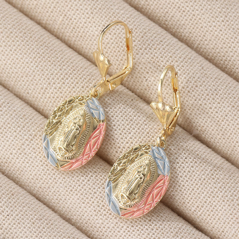 Ornate Our Lady Oval Drop Earrings: Embodying Maternal Grace & Divine Protection