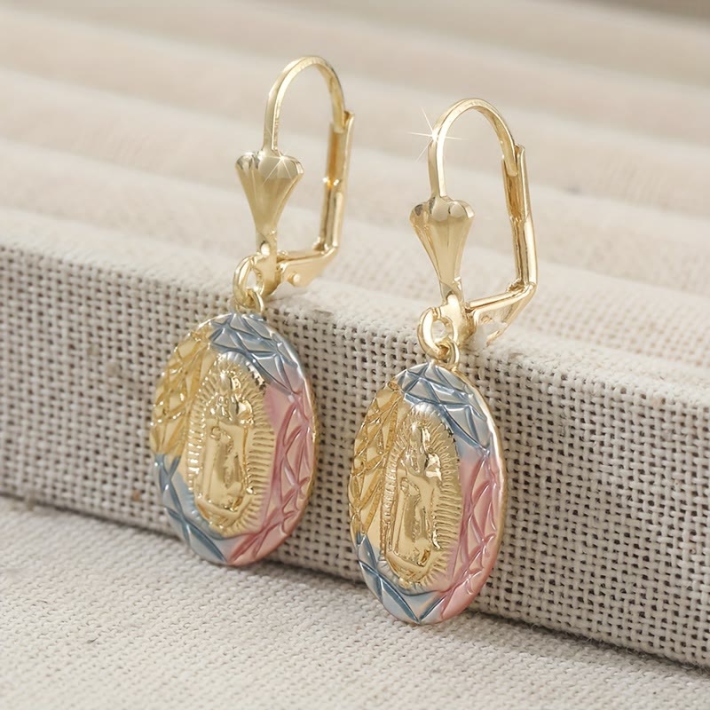 Ornate Our Lady Oval Drop Earrings: Embodying Maternal Grace & Divine Protection