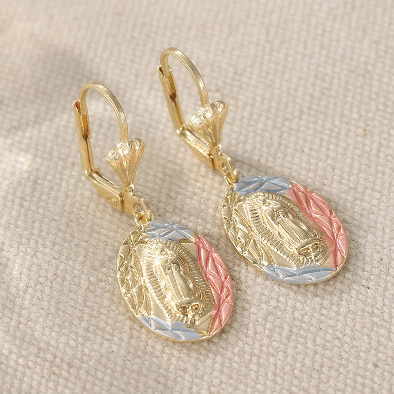 Ornate Our Lady Oval Drop Earrings: Embodying Maternal Grace & Divine Protection