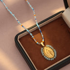 Beaded Border Our Lady Medal Necklace: Emblem of Marian Devotion