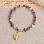 Natural Amethyst Chips Memory Wire Rosary Bracelet with Our Lady Medal