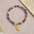 Natural Amethyst Chips Memory Wire Rosary Bracelet with Our Lady Medal