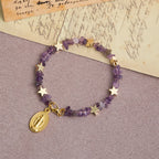 Natural Amethyst Chips Memory Wire Rosary Bracelet with Our Lady Medal