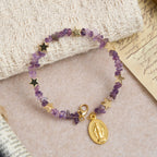 Natural Amethyst Chips Memory Wire Rosary Bracelet with Our Lady Medal