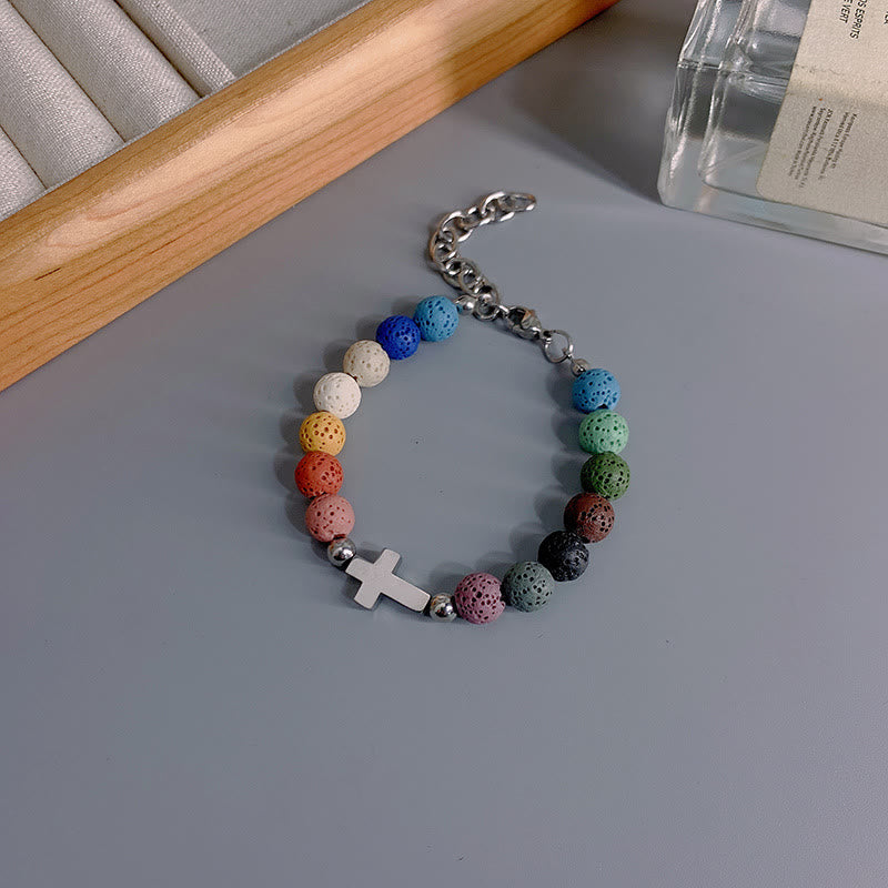 Minimalist Style Colored Volcanic Stone Beads Cross Bracelet