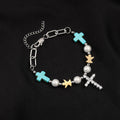 Hand-Crafted Turquoise Zircon Cross Titanium Bracelet/Necklace
