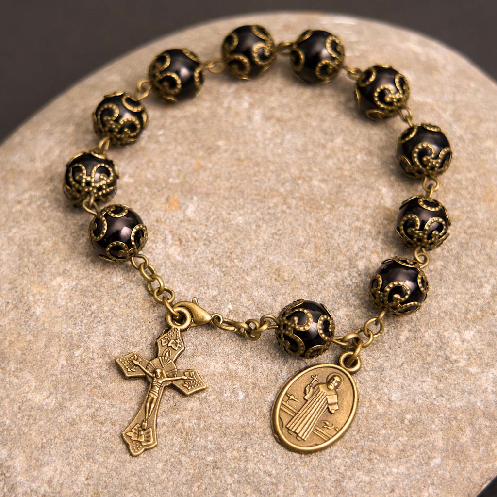 Crafted Retro Black St. Benedict Medal & Crucifix Rosary Bracelet