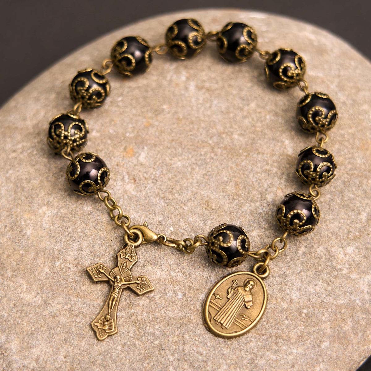 Crafted Retro Black St. Benedict Medal & Crucifix Rosary Bracelet