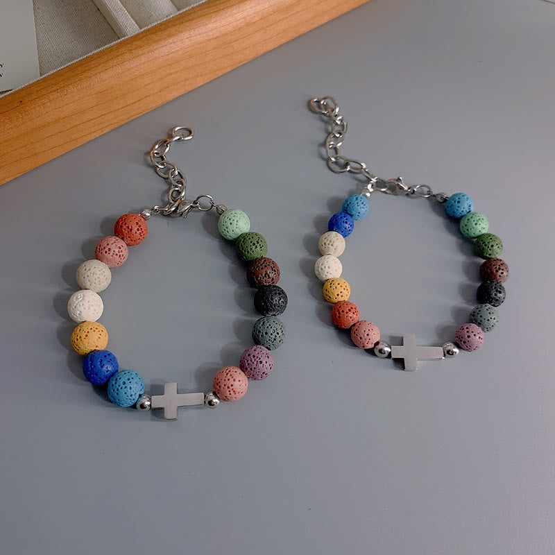 Minimalist Style Colored Volcanic Stone Beads Cross Bracelet