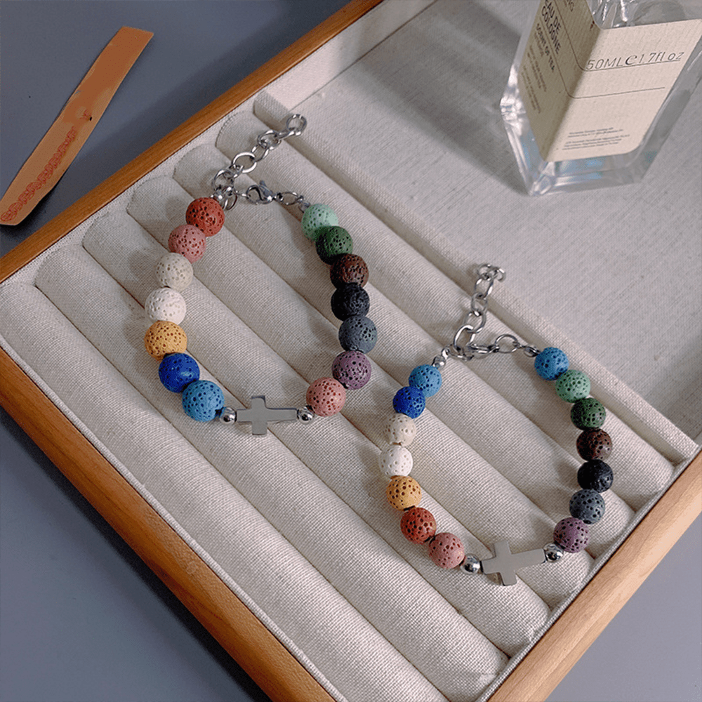 Minimalist Style Colored Volcanic Stone Beads Cross Bracelet