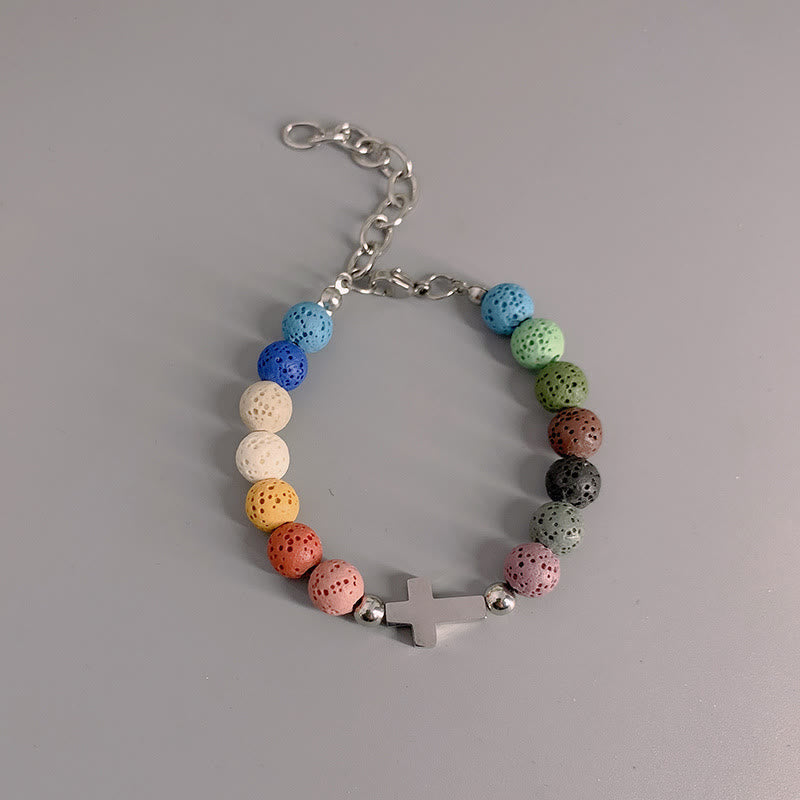 Minimalist Style Colored Volcanic Stone Beads Cross Bracelet