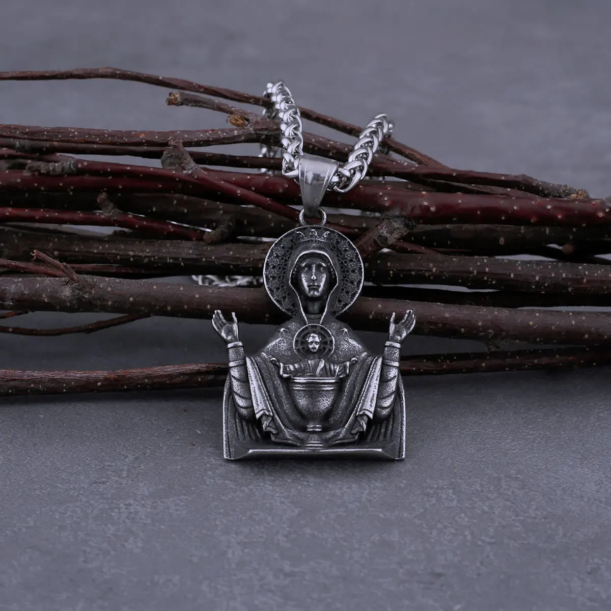 Virgin Mary Prayer Pendant Necklace Stainless Steel Catholic Medallion Protecion Chain