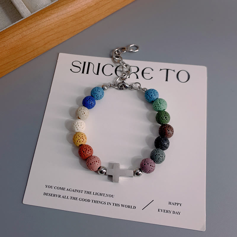 Minimalist Style Colored Volcanic Stone Beads Cross Bracelet