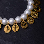 Retro Style Saint Jesus Mary Medals Cross Pearl Bracelet