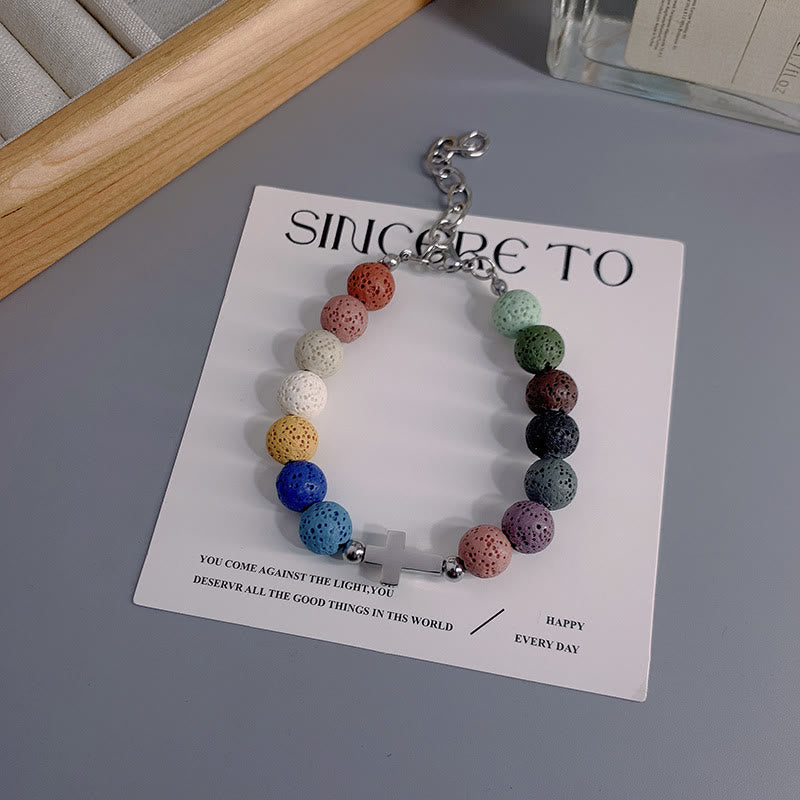 Minimalist Style Colored Volcanic Stone Beads Cross Bracelet