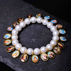 Retro Style Saint Jesus Mary Medals Cross Pearl Bracelet
