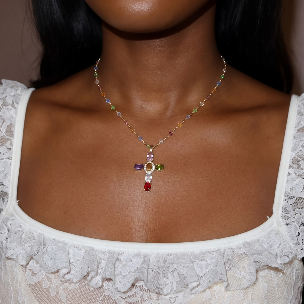 Bible 12 Gemstones Cross Pendant Necklace