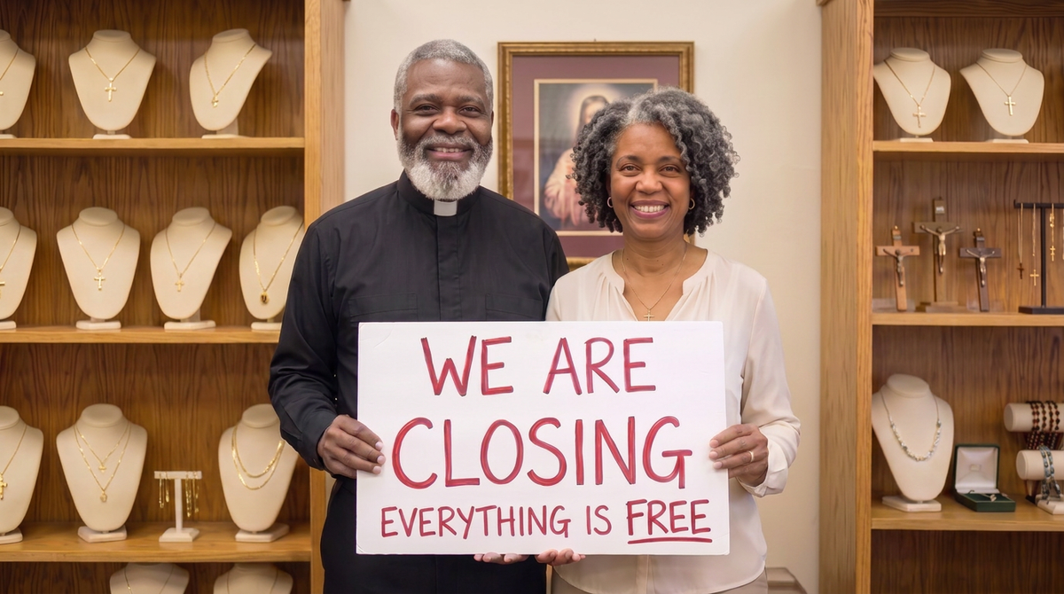 Pastor Willie Johnson and his wife holding the We Are Closing sign