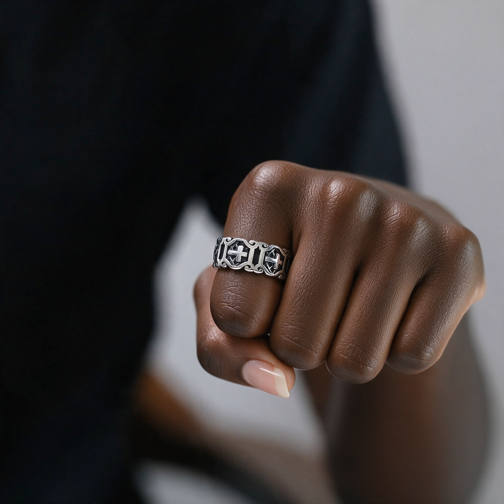 Sacred cross pattern ring worn by a woman