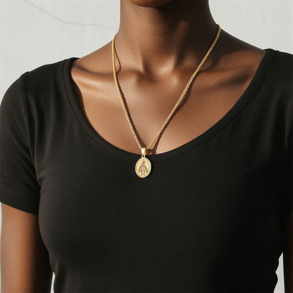 Miraculous Mary pendant necklace worn by a woman