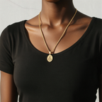 Miraculous Mary pendant necklace worn by a woman