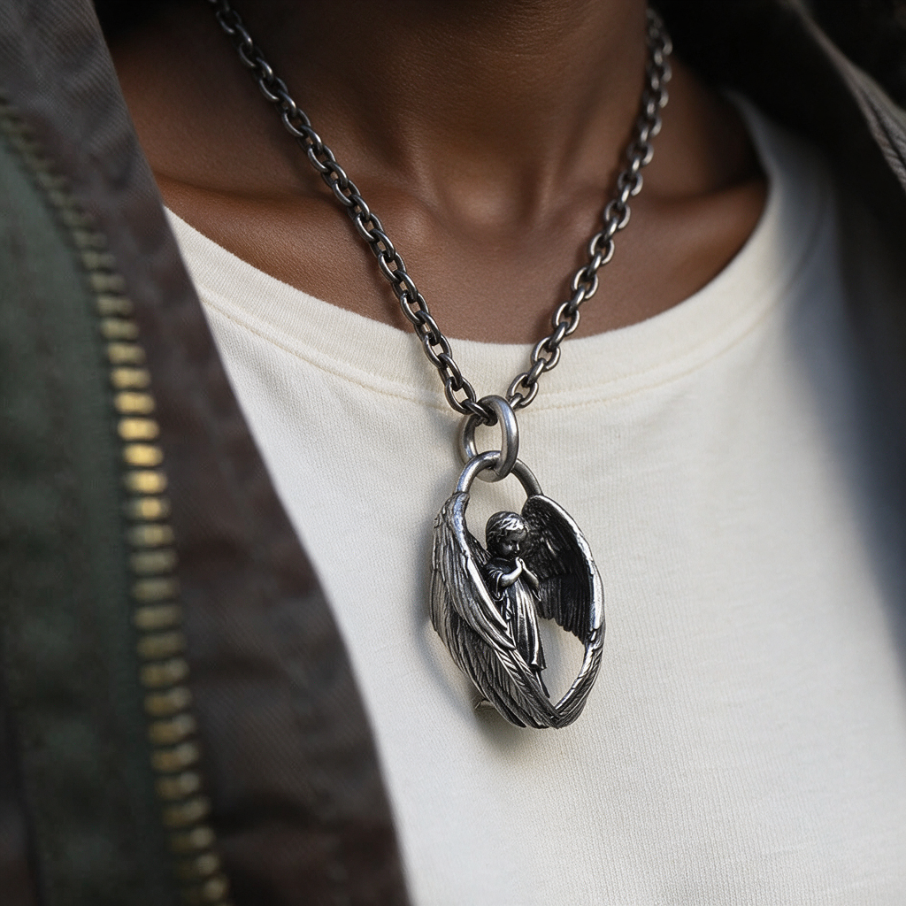 Blessing Praying Guardian Angel Wing Pendant Necklace worn by a woman