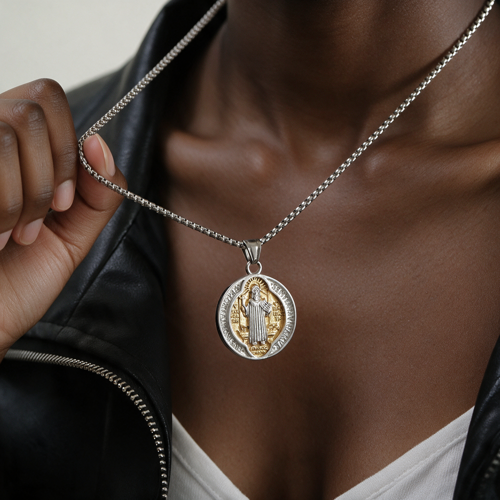 St. Benedict medal necklace worn by a woman