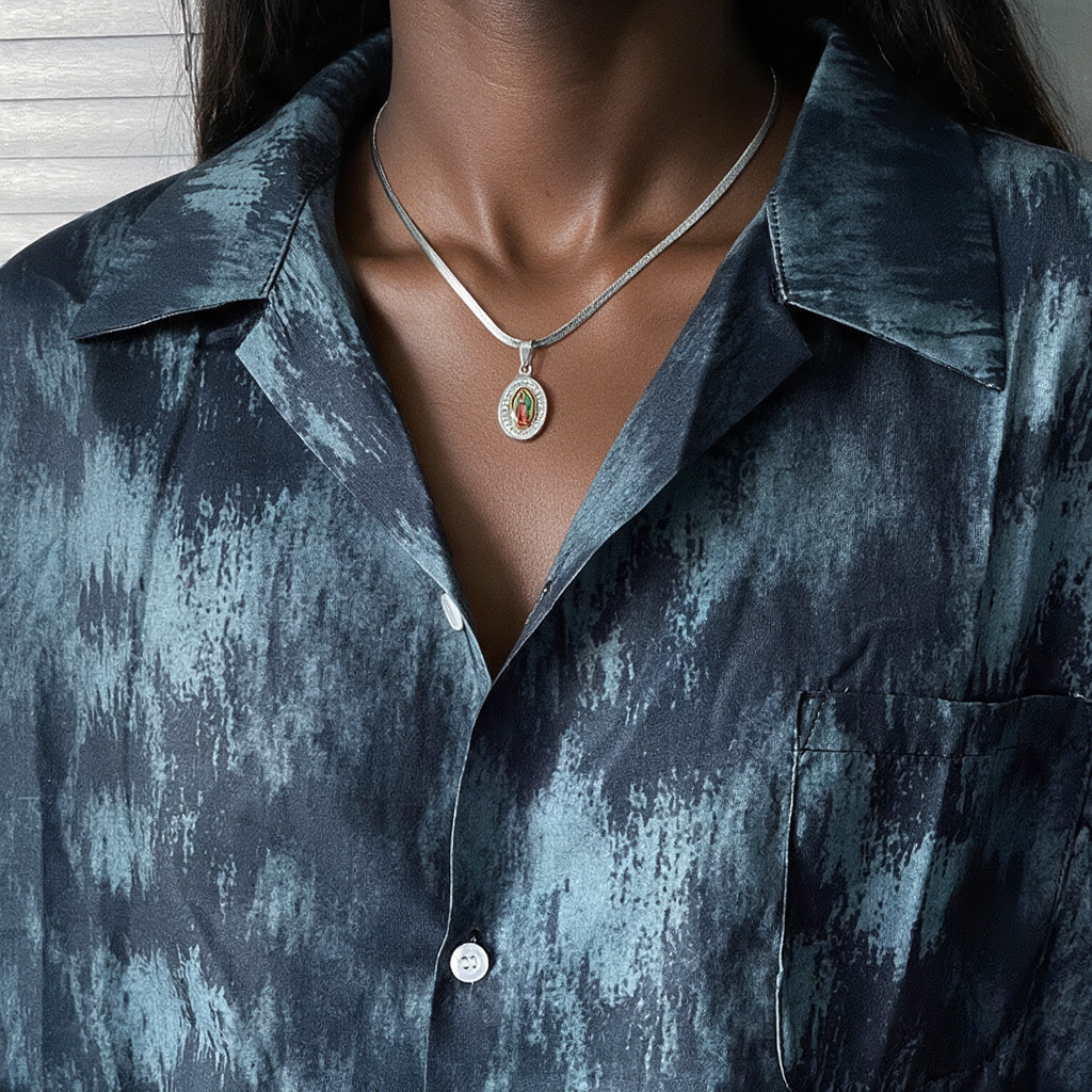 Our Lady of Guadalupe necklace worn by a woman