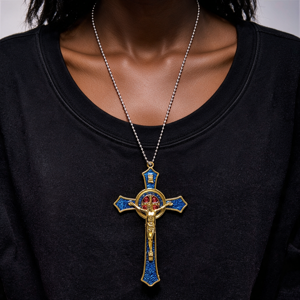 Blue crucifix pendant necklace worn by a woman