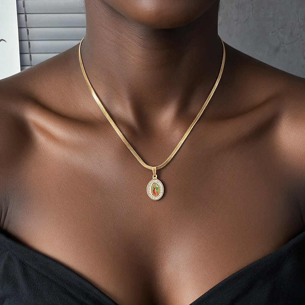 Our Lady of Guadalupe snake bone chain necklace worn by a woman