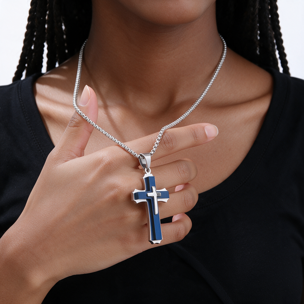 Cross guardian pendant necklace worn by a woman