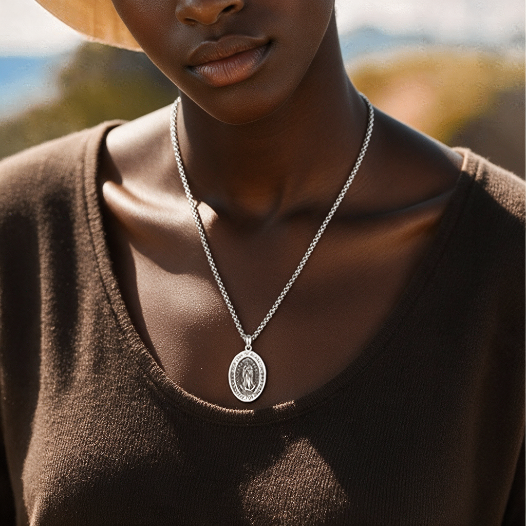 Virgin Mary pendant necklace worn by a woman