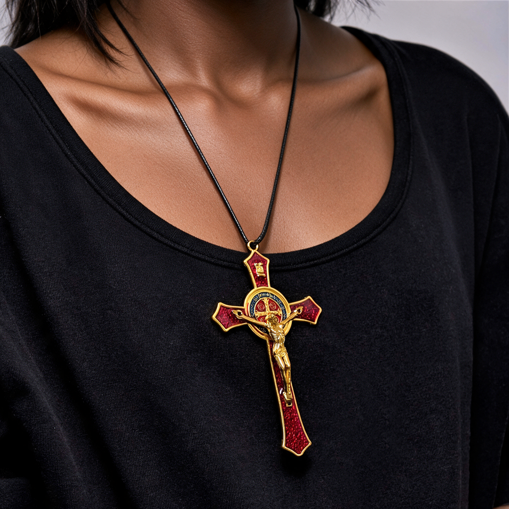 Red crucifix pendant necklace worn by a woman