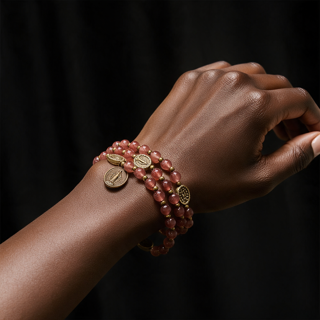 Strawberry quartz bracelet worn by a woman