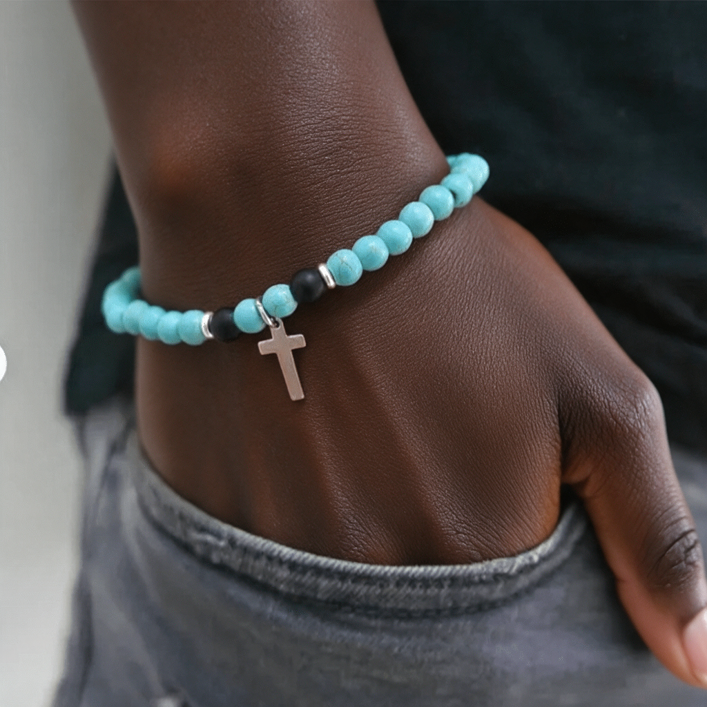 Turquoise stretch bracelet worn by a woman