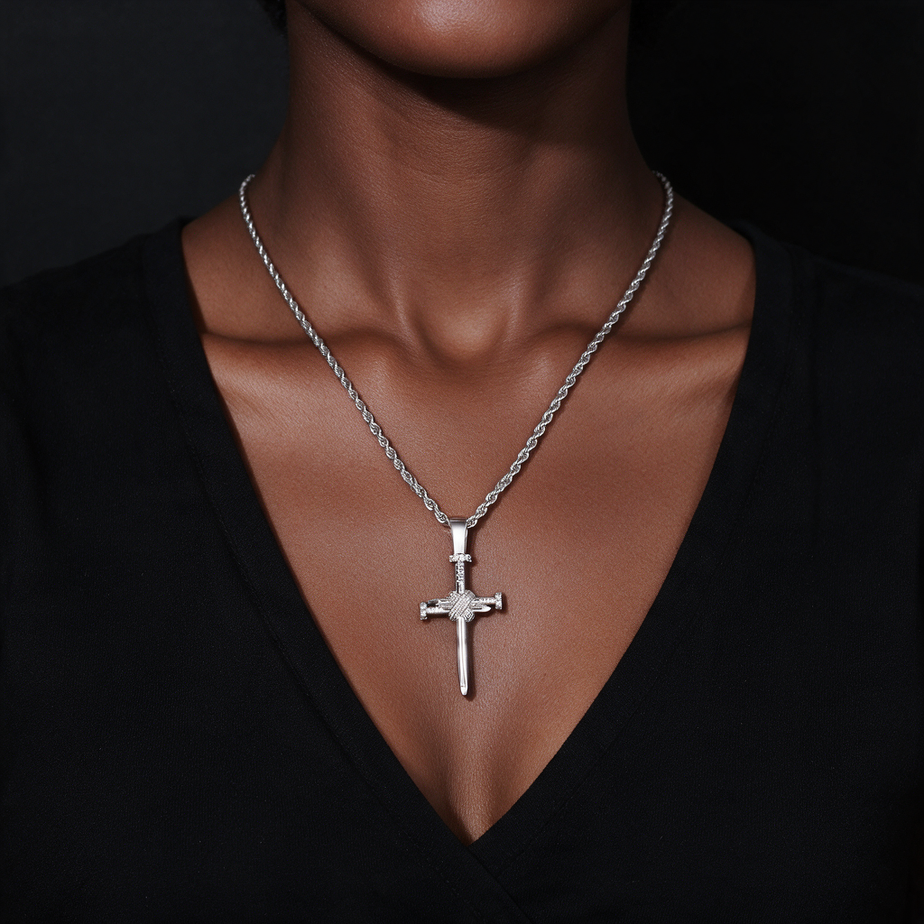 Zircon nail shaped cross pendant worn by a woman