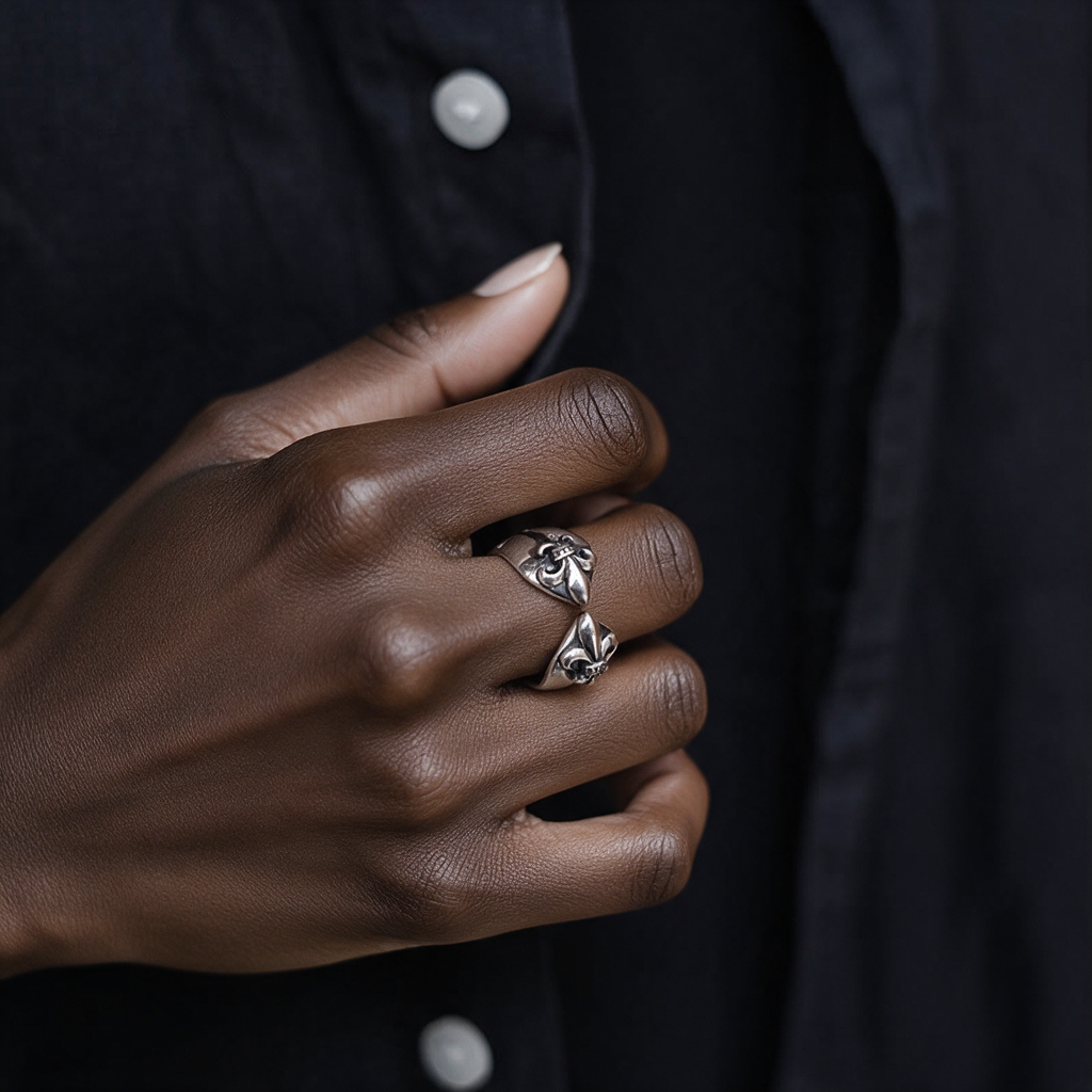 Medieval cross iris ring worn by a woman