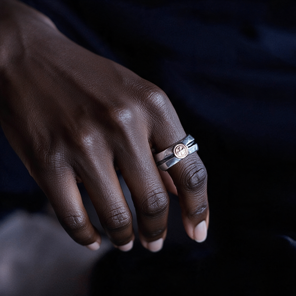 Medieval cross iris rings worn by a woman
