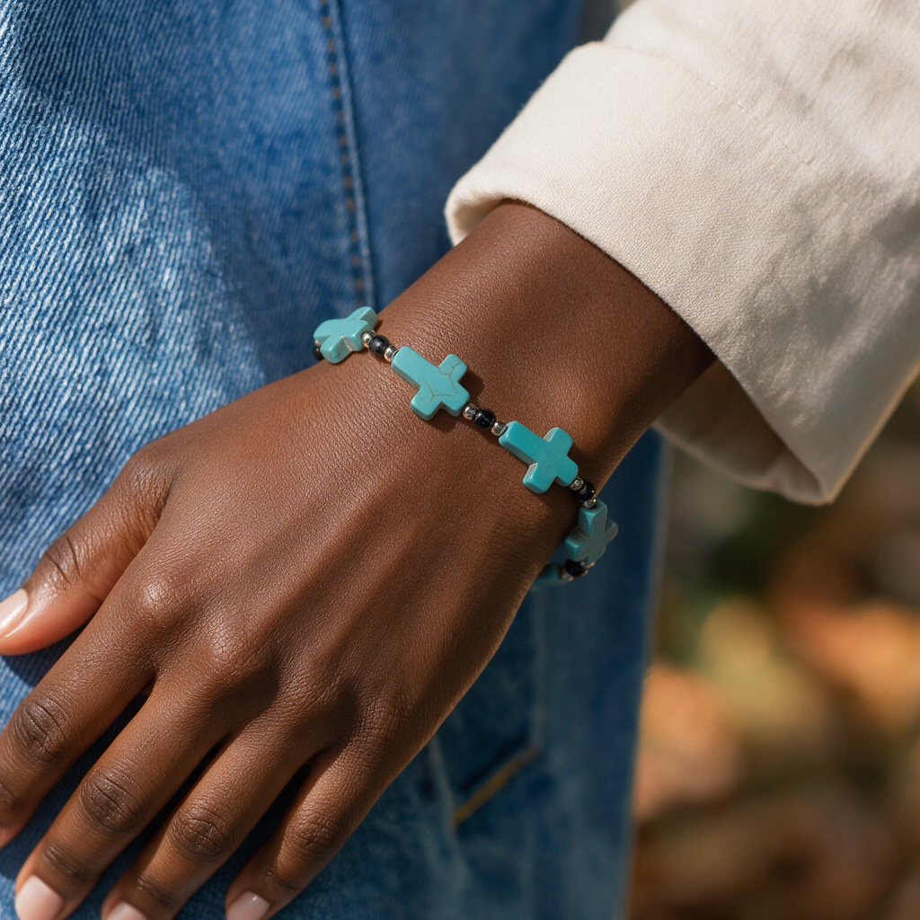 Turquoise crucifix beaded bracelet worn by a woman