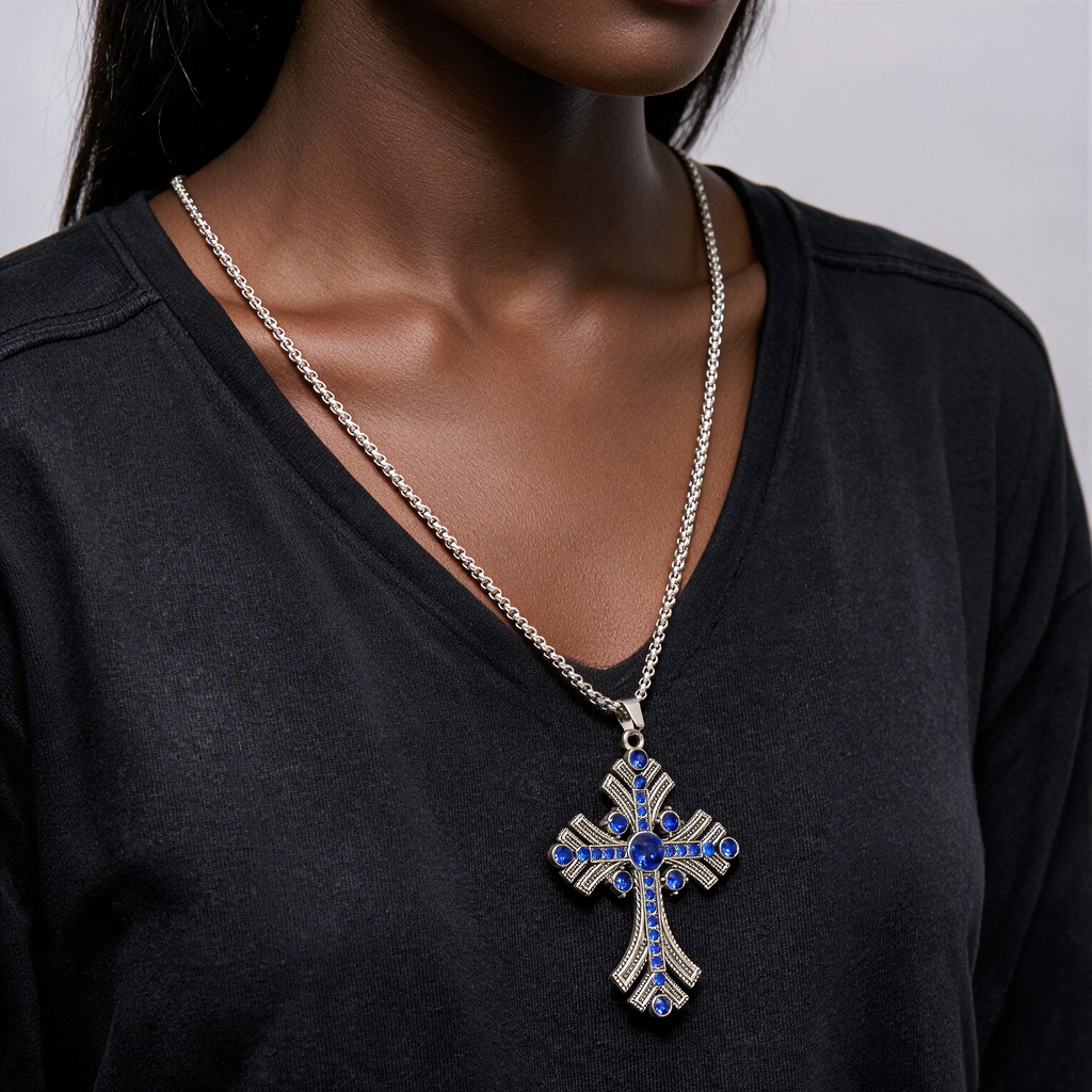 Blue gemstone cross pendant necklace worn by a woman