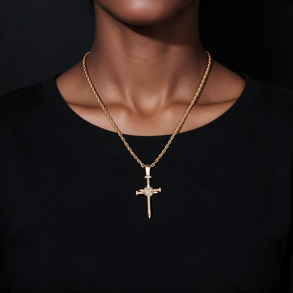 Gold zircon nail shaped cross pendant worn by a woman