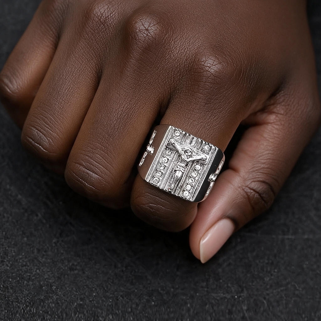 Zirconia crucifix ring worn by a woman