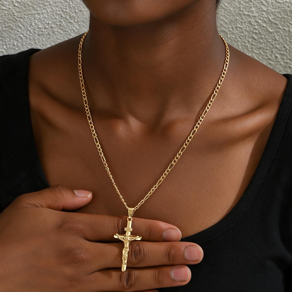 Sacred crucifix necklace worn by a woman