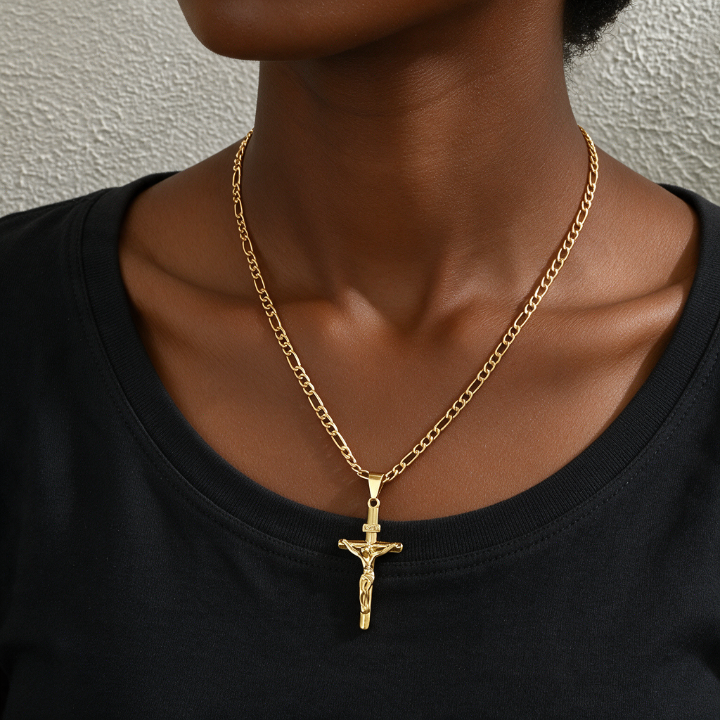 Sacred crucifix necklace worn by a woman
